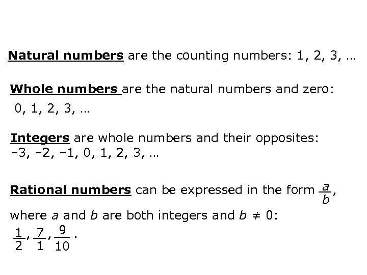 Natural numbers are the counting numbers: 1, 2, 3, … Whole numbers are the