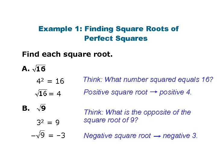 Example 1: Finding Square Roots of Perfect Squares Find each square root. A. 42