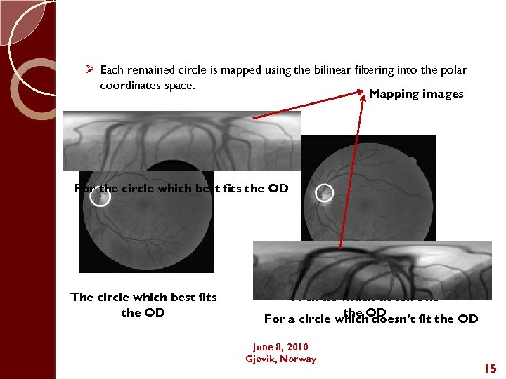 Ø Each remained circle is mapped using the bilinear filtering into the polar coordinates
