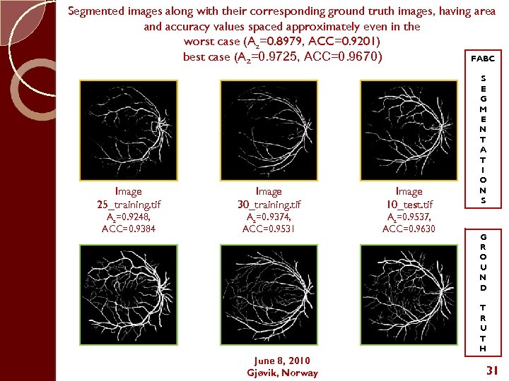 Segmented images along with their corresponding ground truth images, having area and accuracy values
