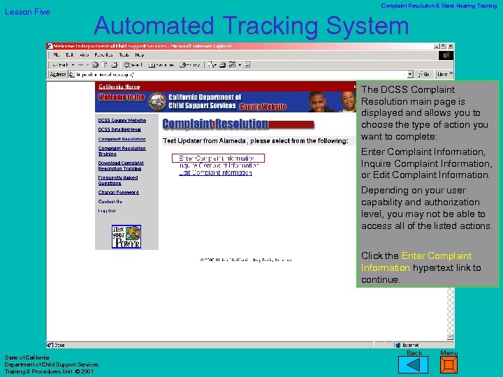 Lesson Five Complaint Resolution & State Hearing Training Automated Tracking System The DCSS Complaint