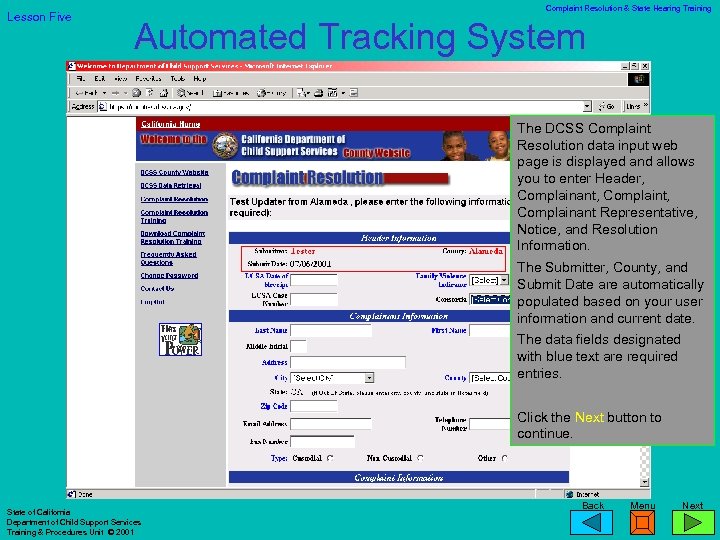 Lesson Five Complaint Resolution & State Hearing Training Automated Tracking System The DCSS Complaint