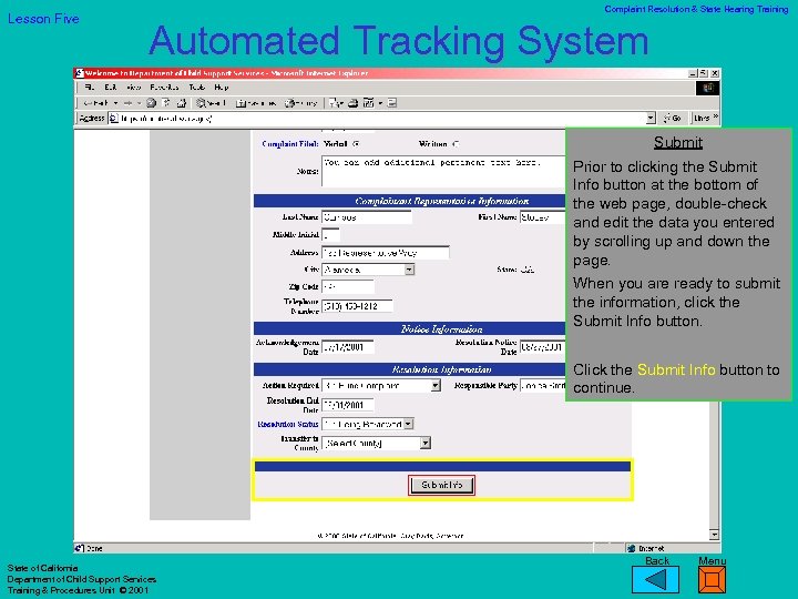 Lesson Five Complaint Resolution & State Hearing Training Automated Tracking System Submit Prior to