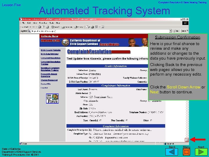 Lesson Five Complaint Resolution & State Hearing Training Automated Tracking System Submission Confirmation Here