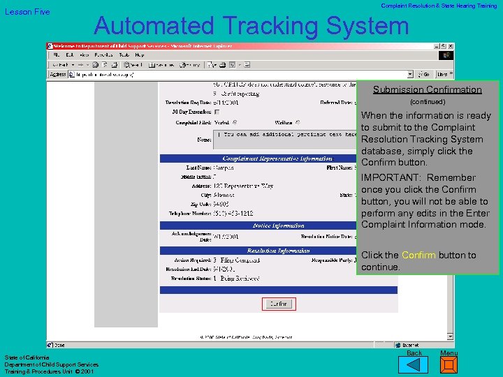 Lesson Five Complaint Resolution & State Hearing Training Automated Tracking System Submission Confirmation (continued)