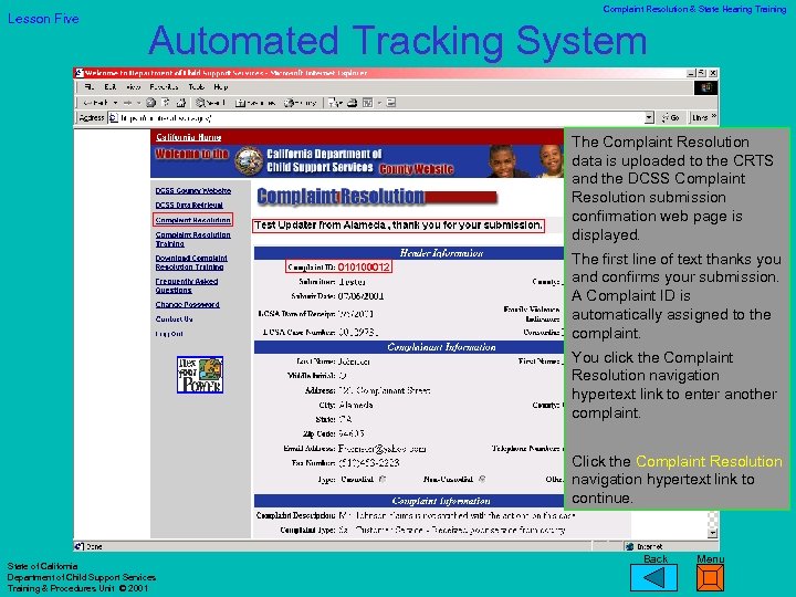 Lesson Five Complaint Resolution & State Hearing Training Automated Tracking System The Complaint Resolution