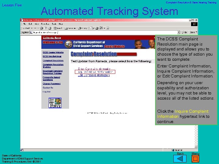 Lesson Five Complaint Resolution & State Hearing Training Automated Tracking System The DCSS Complaint