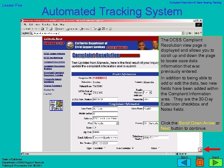 Lesson Five Complaint Resolution & State Hearing Training Automated Tracking System The DCSS Complaint
