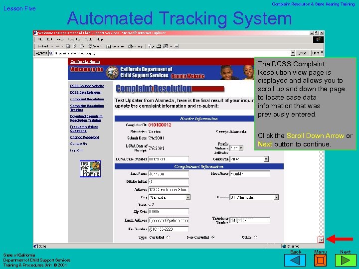 Lesson Five Complaint Resolution & State Hearing Training Automated Tracking System The DCSS Complaint