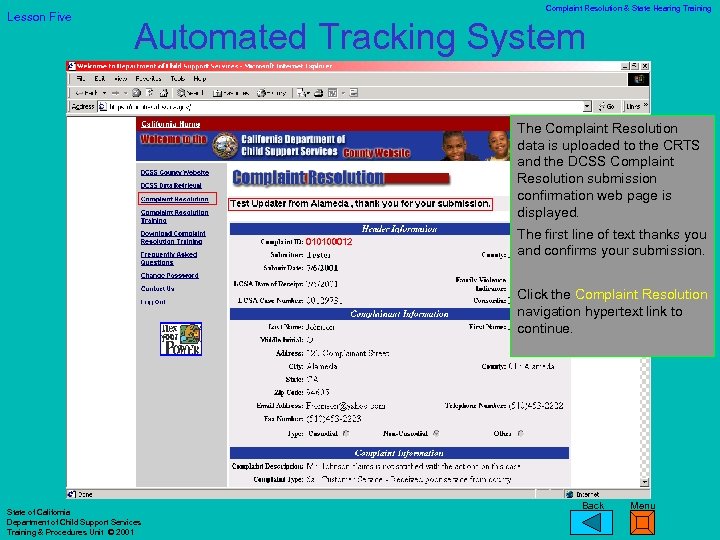 Lesson Five Complaint Resolution & State Hearing Training Automated Tracking System The Complaint Resolution