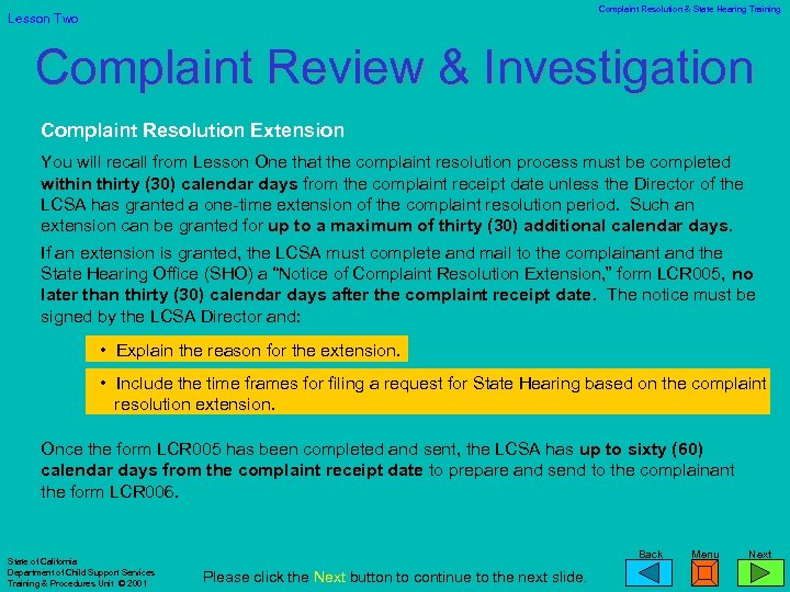 Complaint Resolution & State Hearing Training Lesson Two Complaint Review & Investigation Complaint Resolution