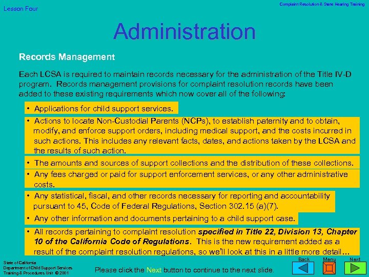 Complaint Resolution & State Hearing Training Lesson Four Administration Records Management Each LCSA is