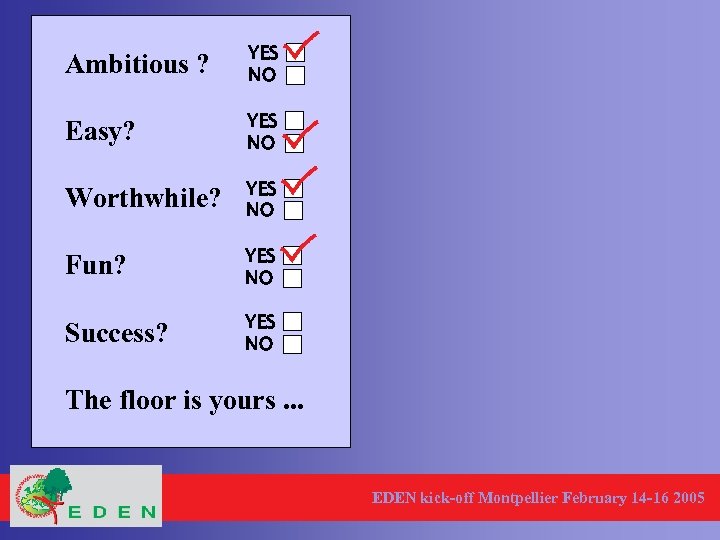 Ambitious ? YES NO Easy? YES NO Worthwhile? YES NO Fun? YES NO Success?