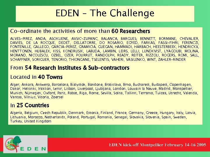 EDEN – The Challenge Co-ordinate the activities of more than 60 Researchers ALVES-PIREZ, ANDA,