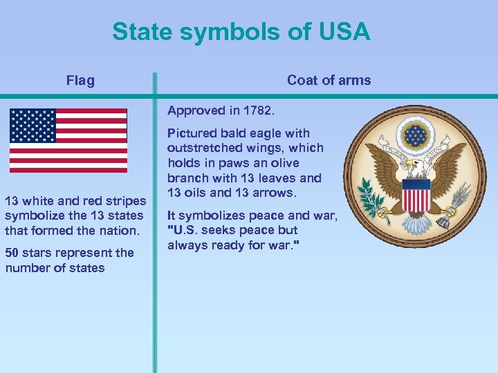 State symbols of USA Flag Coat of arms Approved in 1782. 13 white and