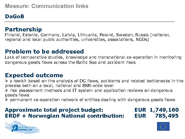 Measure: Communication links Da. Go. B Partnership Finland, Estonia, Germany, Latvia, Lithuania, Poland, Sweden,