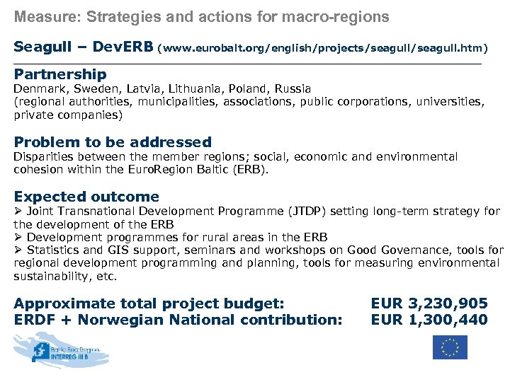 Measure: Strategies and actions for macro-regions Seagull – Dev. ERB (www. eurobalt. org/english/projects/seagull. htm)