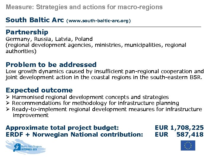 Measure: Strategies and actions for macro-regions South Baltic Arc (www. south-baltic-arc. org) Partnership Germany,