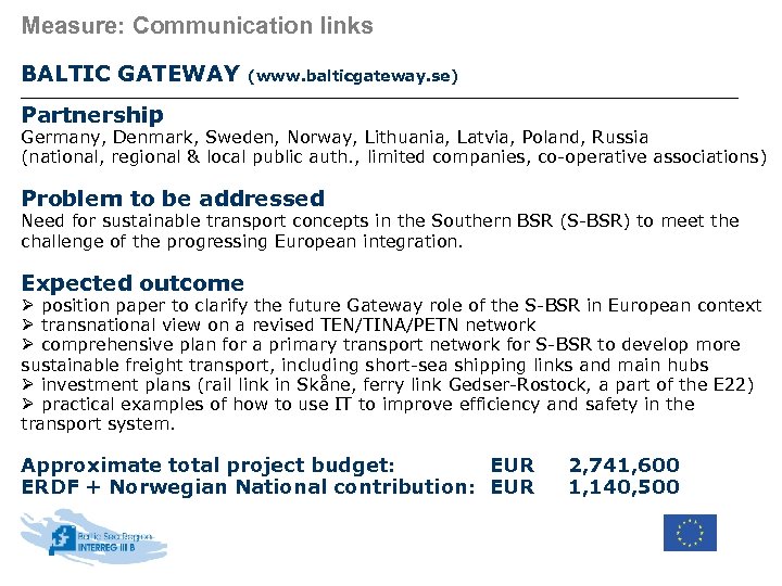 Measure: Communication links BALTIC GATEWAY (www. balticgateway. se) Partnership Germany, Denmark, Sweden, Norway, Lithuania,