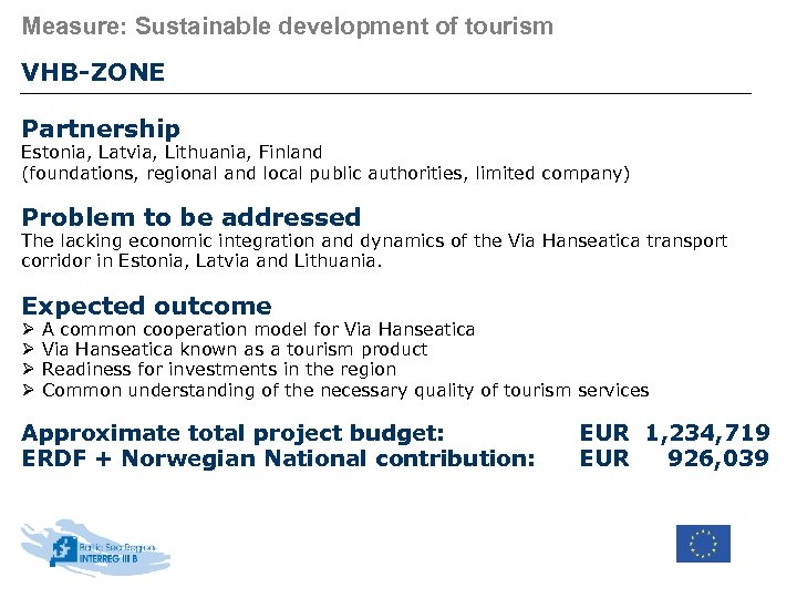 Measure: Sustainable development of tourism VHB-ZONE Partnership Estonia, Latvia, Lithuania, Finland (foundations, regional and