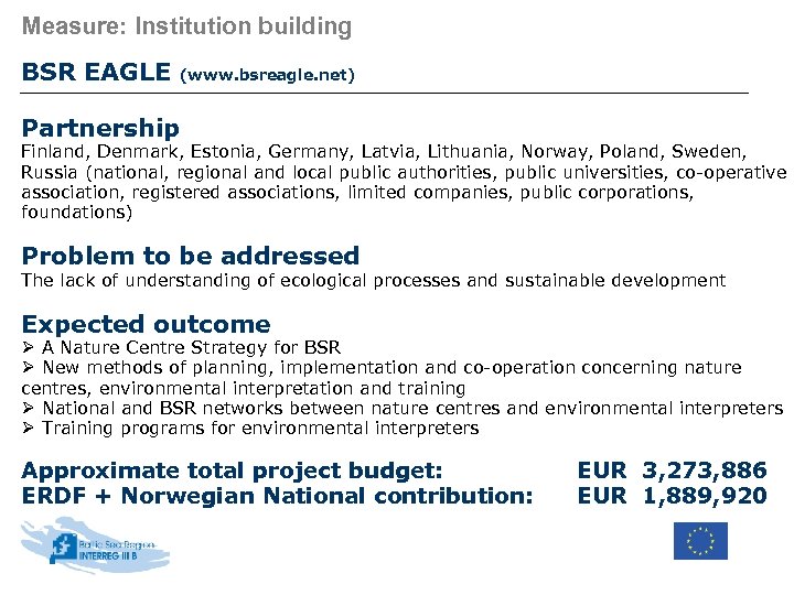 Measure: Institution building BSR EAGLE (www. bsreagle. net) Partnership Finland, Denmark, Estonia, Germany, Latvia,