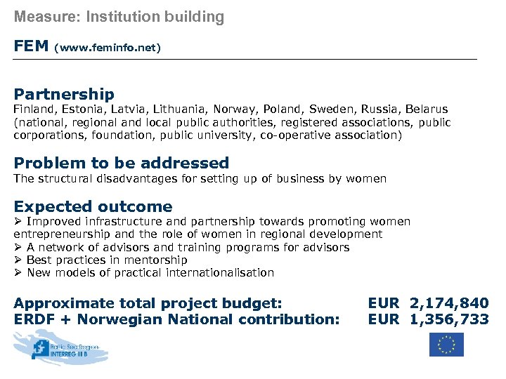 Measure: Institution building FEM (www. feminfo. net) Partnership Finland, Estonia, Latvia, Lithuania, Norway, Poland,