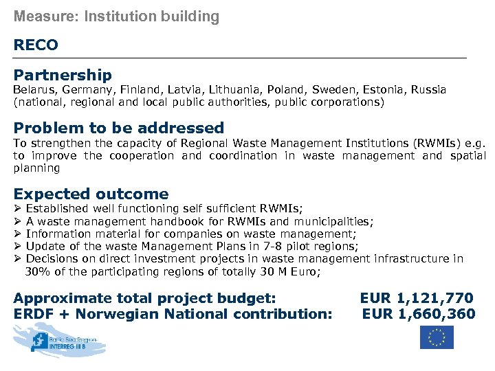 Measure: Institution building RECO Partnership Belarus, Germany, Finland, Latvia, Lithuania, Poland, Sweden, Estonia, Russia