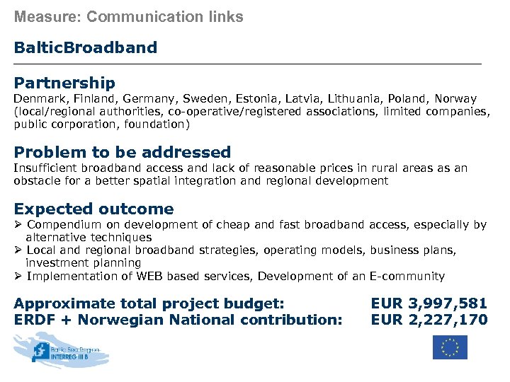 Measure: Communication links Baltic. Broadband Partnership Denmark, Finland, Germany, Sweden, Estonia, Latvia, Lithuania, Poland,