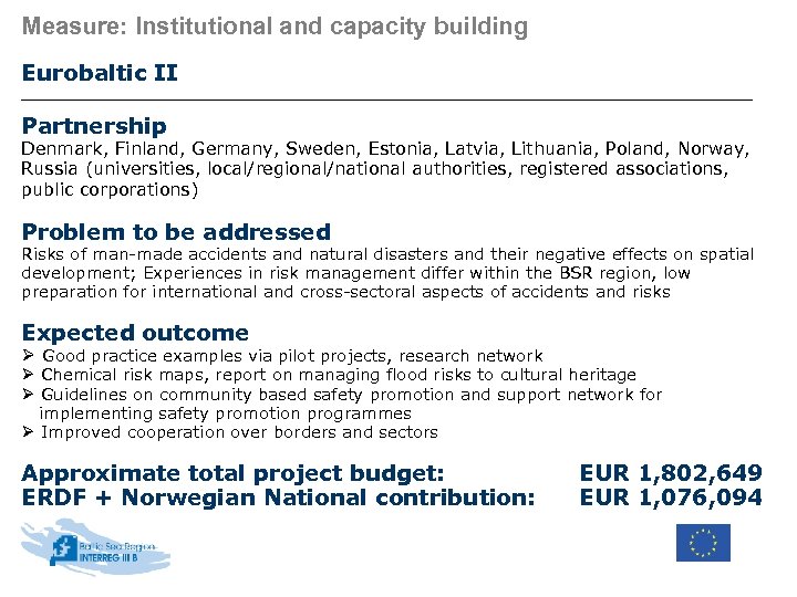 Measure: Institutional and capacity building Eurobaltic II Partnership Denmark, Finland, Germany, Sweden, Estonia, Latvia,