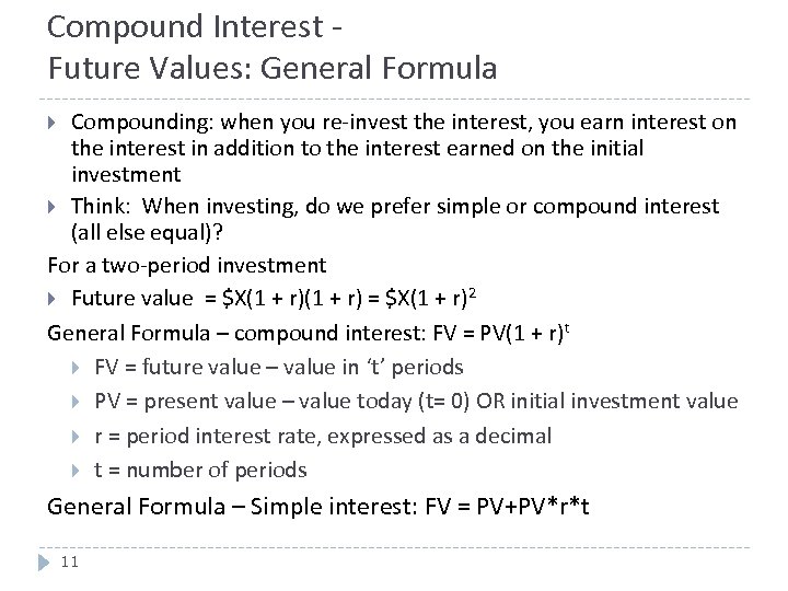 Compound Interest Future Values: General Formula Compounding: when you re-invest the interest, you earn