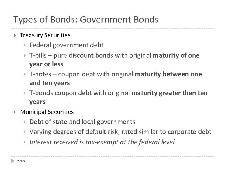 Types of Bonds: Government Bonds Treasury Securities Federal government debt T-bills – pure discount