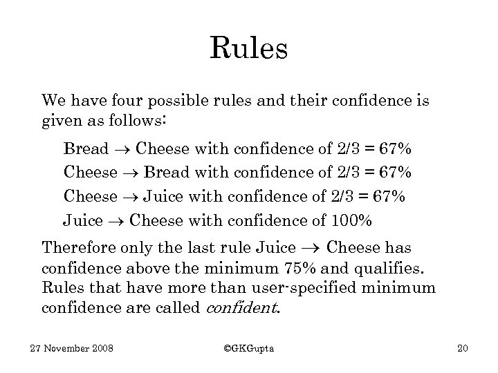 Rules We have four possible rules and their confidence is given as follows: Bread