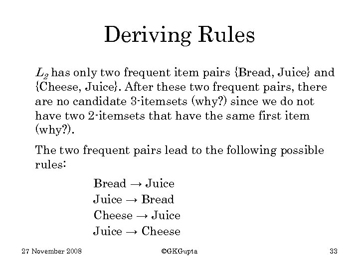 Deriving Rules L 2 has only two frequent item pairs {Bread, Juice} and {Cheese,