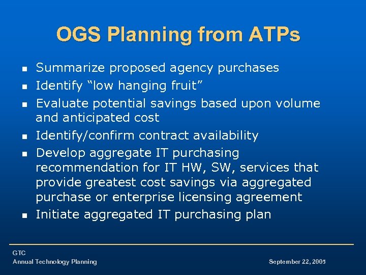 OGS Planning from ATPs n n n Summarize proposed agency purchases Identify “low hanging