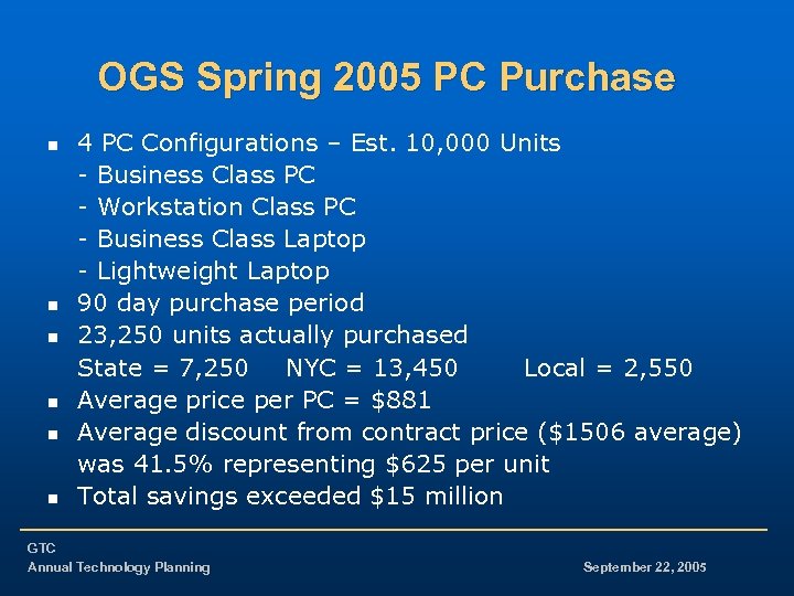 OGS Spring 2005 PC Purchase n n n 4 PC Configurations – Est. 10,