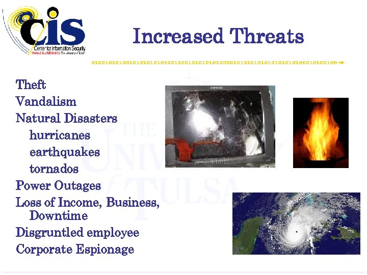 Increased Threats Theft Vandalism Natural Disasters hurricanes earthquakes tornados Power Outages Loss of Income,