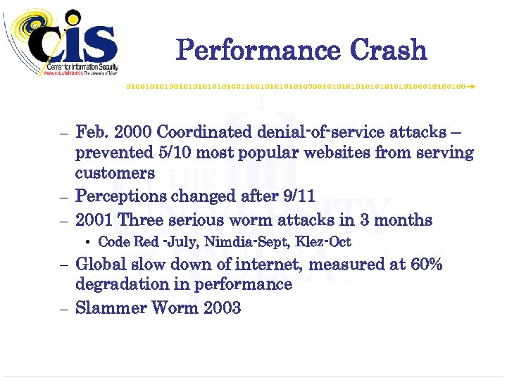 Performance Crash – Feb. 2000 Coordinated denial-of-service attacks – prevented 5/10 most popular websites