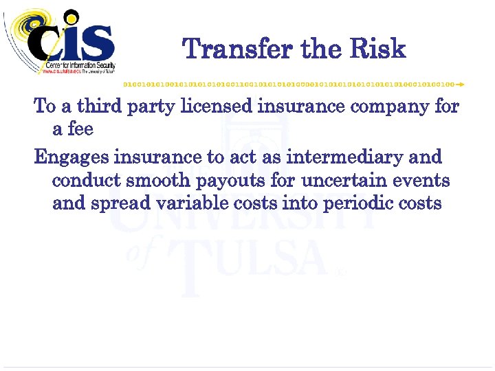 Transfer the Risk To a third party licensed insurance company for a fee Engages