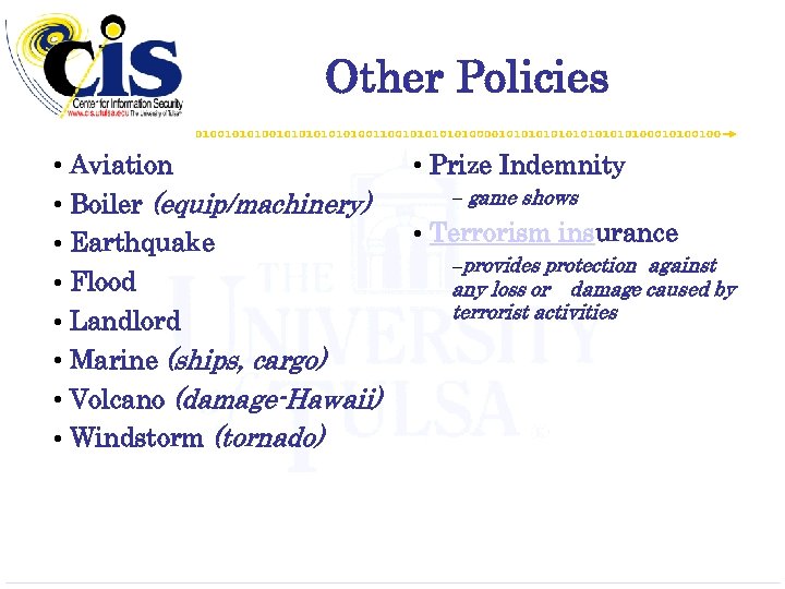 Other Policies • Aviation • Boiler (equip/machinery) • Earthquake • Flood • Landlord •