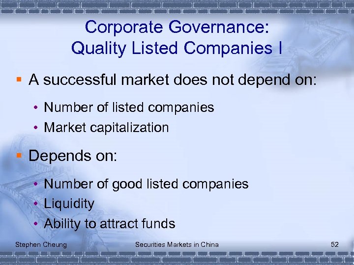 Corporate Governance: Quality Listed Companies I § A successful market does not depend on: