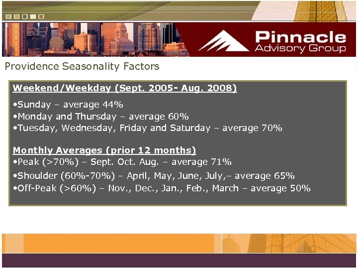 Providence Seasonality Factors Weekend/Weekday (Sept. 2005 - Aug. 2008) • Sunday – average 44%