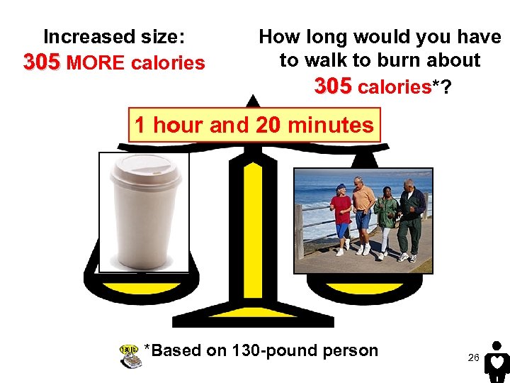 Increased size: 305 MORE calories How long would you have to walk to burn