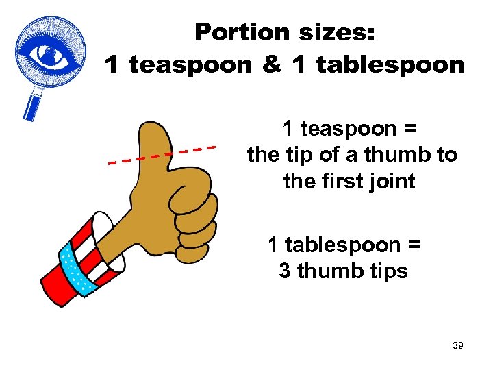 Portion sizes: 1 teaspoon & 1 tablespoon 1 teaspoon = the tip of a