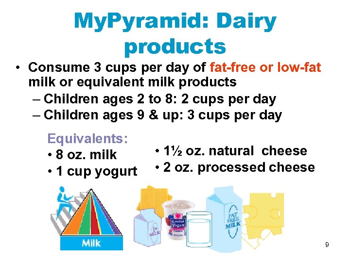 My. Pyramid: Dairy products • Consume 3 cups per day of fat-free or low-fat