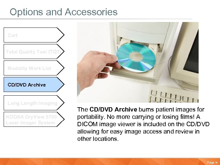 Options and Accessories Cart Total Quality Tool (TQT) Modality Work List CD/DVD Archive Long