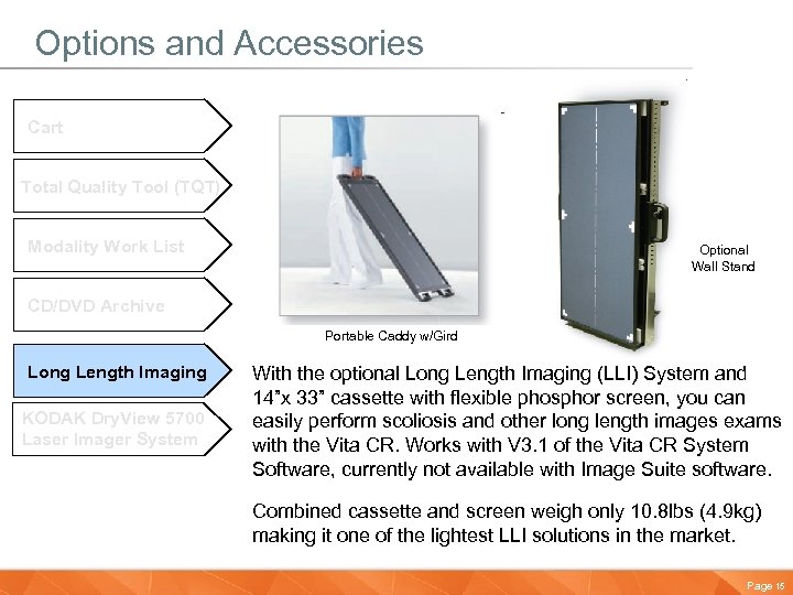 Options and Accessories Cart Total Quality Tool (TQT) Modality Work List Optional Wall Stand