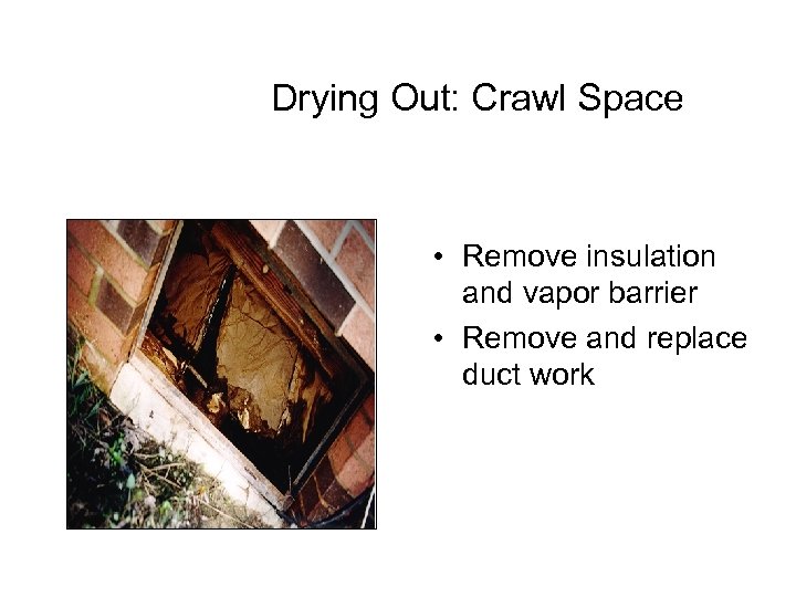 Drying Out: Crawl Space • Remove insulation and vapor barrier • Remove and replace