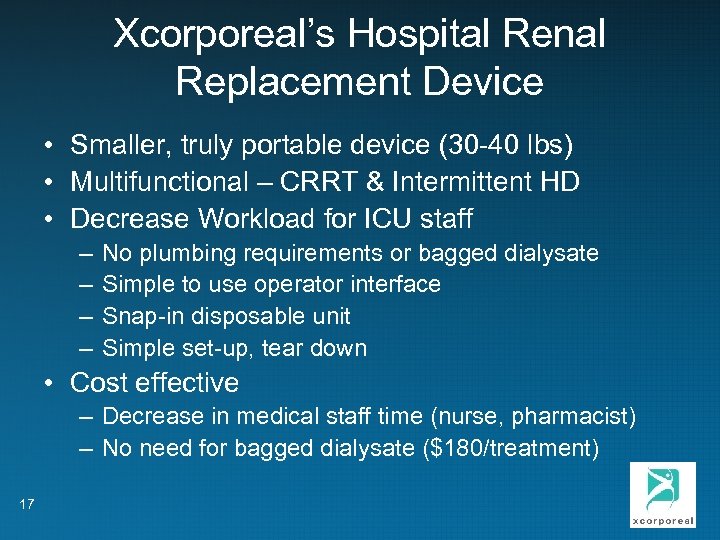 Xcorporeal’s Hospital Renal Replacement Device • Smaller, truly portable device (30 -40 lbs) •