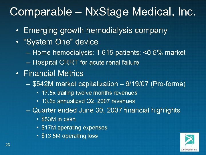 Comparable – Nx. Stage Medical, Inc. • Emerging growth hemodialysis company • “System One”
