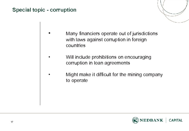 Special topic - corruption • • Will include prohibitions on encouraging corruption in loan